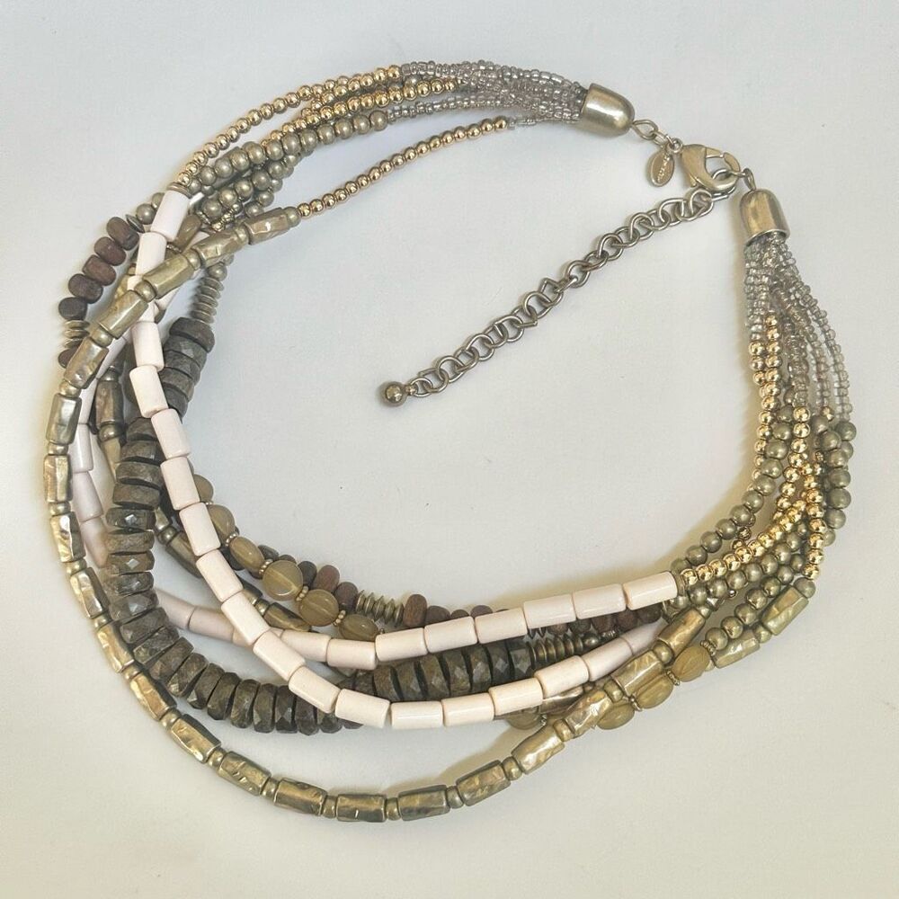 Chico’s Brown Grey cream Multi strand Statement necklace - Picture 2 of 9